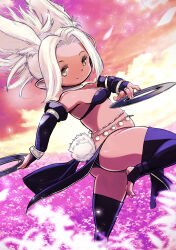 Rule 34 | 1girl, animal ears, ass, bandeau, bare shoulders, black bandeau, black panties, black thighhighs, breasts, bridal gauntlets, chakram, cleavage, closed mouth, cloud, dancer (final fantasy), dual wielding, extra ears, final fantasy, final fantasy xiv, hair intakes, highres, holding, jewelry, lalafell, leg up, looking at viewer, medium breasts, multicolored sky, muramasa mikado, neck ring, orange sky, panties, pink sky, pointy ears, purple sky, rabbit ears, rabbit girl, rabbit tail, short hair, sky, smile, solo, standing, standing on one leg, star (sky), stirrup legwear, tail, thighhighs, thighs, toeless legwear, underwear, warrior of light (ff14), weapon, white hair, white tail, yellow eyes