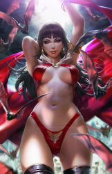 Rule 34 | 1girl, armlet, arms up, bangle, bat (animal), bikini, black hair, blue eyes, bracelet, breasts, brown eyes, cape, cowboy shot, dcwj, earrings, fang, fangs, glint, gold, groin, highleg, highleg bikini, highres, hoop earrings, jewelry, large breasts, long hair, looking at viewer, navel, o-ring, o-ring top, parted lips, red bikini, red cape, sidelocks, signature, skindentation, slingshot swimsuit, smile, solo, standing, stomach, swimsuit, thighhighs, vampire, vampirella, vampirella (character), wings