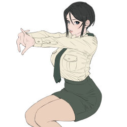 Rule 34 | 1girl, absurdres, black hair, breast pocket, breasts, buttons, chouno ami, collared shirt, girls und panzer, highres, interlocked fingers, invisible chair, japan ground self-defense force, japan self-defense force, large breasts, lips, looking at viewer, military, military uniform, necktie, necktie overhang, onsen tamago (hs egg), outstretched arms, pantyhose, pencil skirt, pocket, shirt, short hair, sidelocks, sitting, skirt, solo, uniform, white background
