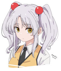 Rule 34 | 1girl, black necktie, closed mouth, dated, grey hair, hair bobbles, hair ornament, hoshino ruri, kichihachi, kidou senkan nadesico, looking at viewer, necktie, orange vest, short hair, simple background, solo, twintails, twitter username, vest, white background, yellow eyes