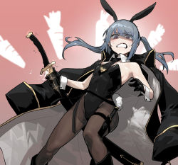 Rule 34 | 1girl, animal ears, bare shoulders, black coat, black gloves, black hairband, black leotard, blue hair, blush, breasts, brown pantyhose, carrot, clenched teeth, coat, coat on shoulders, covered navel, fake animal ears, fake tail, feet out of frame, floating hair, gloves, gogalking, hairband, half gloves, hands up, highres, holding, holding sword, holding weapon, leotard, long hair, looking at viewer, original, pantyhose, playboy bunny, portia (gogalking), purple eyes, rabbit ears, small breasts, solo, standing, sweatdrop, sword, tail, teeth, twintails, two-sided coat, two-sided fabric, weapon, wide-eyed, wrist cuffs