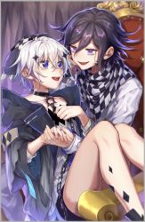 Rule 34 | 2boys, :d, black hair, black jacket, blue eyes, chain, chair, character request, checkered clothes, checkered scarf, collar, collarbone, commentary request, copyright request, curtains, danganronpa (series), danganronpa v3: killing harmony, fang, hair between eyes, highres, holding hands, jacket, long sleeves, looking at another, looking at viewer, male focus, metal collar, multiple boys, nanin, oma kokichi, open clothes, open jacket, open mouth, prototype design, purple eyes, purple hair, scarf, shirt, short hair, sitting, sitting on person, smile, teeth, upper teeth only, white hair, white jacket