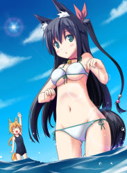Rule 34 | 2girls, :d, animal ears, bell, neck bell, bikini, black hair, blonde hair, blue sky, blush, blush stickers, bow, breasts, cloud, collar, day, covered erect nipples, fox ears, fox tail, front-tie top, green eyes, hair bow, long hair, medium breasts, multiple girls, navel, one-piece swimsuit, open mouth, original, outdoors, school swimsuit, side-tie bikini bottom, side ponytail, sky, smile, swimsuit, tail, utsurogi akira, wading, water