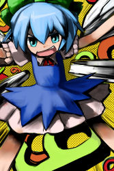Rule 34 | 1girl, :d, blue eyes, blue hair, cirno, fang, fighting stance, full body, hirosato, looking at viewer, matching hair/eyes, open mouth, smile, solo, stained glass, standing, teeth, tooth, touhou, touhou hisoutensoku