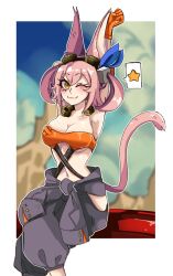 Rule 34 | 1girl, animal ears, arm up, armpits, baggy pants, bandages, blush, breasts, cleavage, cloud, cloudy sky, crop top, crossed legs, duel monster, gloves, goggles, goggles on head, hair between eyes, highres, hip vent, kitt (yu-gi-oh!), large breasts, looking at viewer, mountainous horizon, navel, one eye closed, pants, pink hair, rinnytanart, shiny skin, sitting, sky, slit pupils, speech bubble, star (symbol), stretching, tail, tri-brigade kitt, twintails, underboob, yellow eyes, yu-gi-oh!