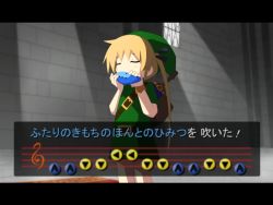 Rule 34 | 1girl, black ribbon, blonde hair, bracelet, closed eyes, commentary request, cosplay, day, fake screenshot, green hat, green tunic, hair ribbon, hands up, hat, highres, holding, holding instrument, indoors, instrument, jewelry, kill me baby, letterboxed, light blush, link, link (cosplay), long hair, music, nintendo, ocarina, playing instrument, ribbon, shield, shield on back, solo, sonya (kill me baby), standing, sunlight, sword, sword behind back, temple of time, the legend of zelda, the legend of zelda: ocarina of time, translation request, twintails, weapon, weapon on back, window, yachima tana