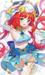 Rule 34 | 1girl, :d, aqua eyes, arabian clothes, arm up, blue nails, blush, bracelet, breasts, brooch, commentary request, crop top, curled horns, eyelashes, forehead jewel, gem, genshin impact, gold trim, harem outfit, highres, horns, jewelry, kiramarukou, long hair, long sleeves, lower teeth only, medium breasts, midriff, nail polish, narrow waist, navel, necklace, nilou (genshin impact), open mouth, pelvic curtain, puffy long sleeves, puffy sleeves, red hair, revealing clothes, simple background, skirt, smile, solo, sparkle, stomach, tassel, teeth, twitter username, upper body, veil, white background