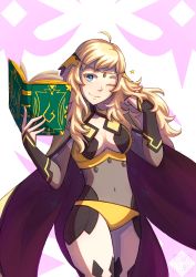 Rule 34 | 1girl, absurdres, blonde hair, blue eyes, book, breasts, cape, center opening, closed mouth, commission, covered navel, fire emblem, fire emblem fates, highres, holding, holding book, long hair, nintendo, one eye closed, open book, ophelia (fire emblem), smile, solo, toast (oreocorio)