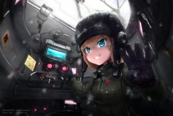 Rule 34 | 10s, 1girl, black gloves, blonde hair, blue eyes, commentary request, commission, day, emblem, fang, girls und panzer, gloves, green jumpsuit, grin, helmet, highres, huira444, jumpsuit, katyusha (girls und panzer), korean text, long sleeves, looking at viewer, pravda military uniform, short hair, sitting, smile, snow, solo, tank helmet, tank interior, upper body, watermark