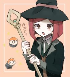 Rule 34 | 1girl, :d, absurdres, beige background, black headwear, black jacket, blush stickers, bob cut, border, brown background, brown eyes, brown vest, chibi, commentary request, danganronpa (series), danganronpa v3: killing harmony, hair ornament, hat, highres, holding, holding staff, jacket, long sleeves, looking at viewer, open clothes, open jacket, open mouth, orange hair, raimone (nekokirinv3), red hair, short hair, skirt, smile, solo focus, staff, teeth, translation request, upper body, upper teeth only, vest, white border, witch hat, yumeno himiko