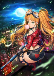 Rule 34 | 1girl, ass, bad id, bad pixiv id, belly chain, blonde hair, boots, bracelet, blowing bubbles, bustier, casasak, city, ear piercing, earrings, fingerless gloves, full moon, gloves, goggles, goggles on head, green eyes, gun, heart, highres, jacket, jewelry, leather, leather pants, lens flare, long hair, looking at viewer, looking back, moon, nail polish, night, off shoulder, open clothes, open jacket, pants, piercing, red jacket, red nails, rifle, rooftop, scope, short shorts, shorts, sniper, sniper rifle, solo, spiked bracelet, spikes, squatting, thigh strap, thighhighs, torn clothes, torn thighhighs, twintails, very long hair, weapon, wind, zipper