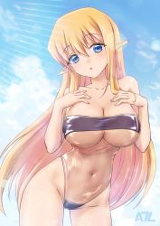 Rule 34 | 1girl, :o, a-plug, absurdres, artist name, blonde hair, blue eyes, breasts, cleavage, day, gris swimsuit, highres, long hair, looking at viewer, meme attire, navel, outdoors, pointy ears, sky, solo, swimsuit, tiffania westwood, very long hair, zero no tsukaima