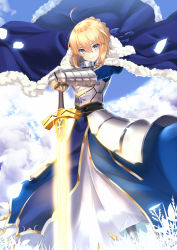 Rule 34 | 1girl, ahoge, armor, artoria pendragon (fate), blonde hair, blue dress, braid, breastplate, closed mouth, day, dress, excalibur (fate/stay night), fate/grand order, fate/stay night, fate (series), french braid, fur trim, gauntlets, green eyes, hair between eyes, highres, looking at viewer, mirea, outdoors, petals, planted sword, planted, revision, saber (fate), smile, solo, sword, tsurime, weapon