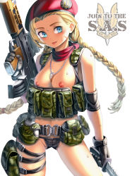 Rule 34 | 1girl, assault rifle, belt, blonde hair, blue eyes, braid, breasts, bullpup, cammy white, capcom, gloves, gun, hat, highres, jairou, jewelry, knife, long hair, medium breasts, navel, necklace, nipples, panties, revision, rifle, scar, solo, street fighter, sweat, thigh strap, thighs, tongue, tongue out, trigger discipline, twin braids, underwear, very long hair, weapon, white background