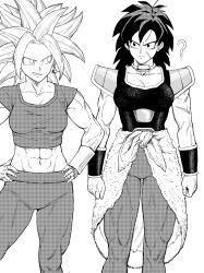 Rule 34 | 2girls, ?, abs, armor, bracer, breasts, broly (dragon ball super), closed mouth, dragon ball, earrings, facial scar, genderswap, genderswap (mtf), greyscale, grin, hands on own hips, highres, jewelry, kefla (dragon ball), long hair, looking at another, looking to the side, medium breasts, monochrome, multiple girls, muscular, muscular female, pants, pauldrons, potara earrings, saiyan armor, sanpaku, scar, scar on cheek, scar on face, shoulder armor, simple background, smile, spiked hair, standing, super saiyan, waist cape, white background, y naf