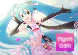 Rule 34 | 1girl, :d, annindoufu (oicon), aqua eyes, aqua hair, argyle, armpits, arms up, bare shoulders, breasts, commentary request, confetti, crop top, elbow gloves, frilled shirt, frills, gloves, goodsmile racing, hair ribbon, hatsune miku, headphones, long hair, looking at viewer, midriff, navel, open mouth, outstretched arm, racing miku, racing miku (2019), ribbon, shirt, skirt, sleeveless, sleeveless shirt, small breasts, smile, solo, stomach, twintails, upper body, very long hair, vocaloid, white skirt