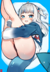 Rule 34 | 1girl, absurdres, ahoge, ass, black panties, blue eyes, blue hair, blush, fins, fish tail, gawr gura, hair ornament, highres, hololive, hololive english, hood, hoodie, legs together, legs up, looking at viewer, multicolored hair, panties, partially visible vulva, shark tail, smile, solo, streaked hair, tail, underwear, virtual youtuber, white hair, zonzu