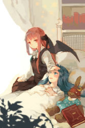 Rule 34 | 2girls, bat wings, bed, blue eyes, blue hair, book, bookshelf, crescent, curtains, dress, female focus, frown, hand on forehead, hands on own chest, head wings, koakuma, long hair, long sleeves, looking at another, lying, mask, multiple girls, open mouth, patchouli knowledge, polka dot, polka dot dress, red eyes, red hair, sitting, skirt, star (symbol), stuffed animal, stuffed rabbit, stuffed toy, touhou, under covers, vest, wakatsuki (etoiles), wings