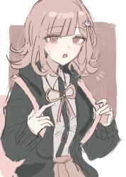 1girl :o black_jacket breasts brown_background brown_hair collared_shirt danganronpa_(series) danganronpa_2:_goodbye_despair flipped_hair hands_up highres jacket long_sleeves looking_at_viewer medium_hair nanami_chiaki neck_ribbon open_clothes open_jacket pink_eyes pink_ribbon pleated_skirt ribbon shirt skirt solo spaceship_hair_ornament two-tone_shirt white_background ym_43