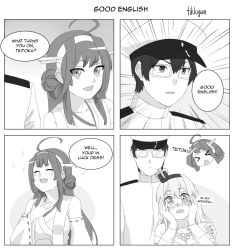 Rule 34 | 10s, 4koma, admiral (kancolle), ahoge, artist name, bare shoulders, blush, comic, crown, detached sleeves, double bun, english text, fikkyun, glasses, greyscale, hairband, headgear, highres, japanese clothes, kantai collection, kongou (kancolle), left-to-right manga, long hair, military, military uniform, monochrome, naval uniform, nontraditional miko, uniform, warspite (kancolle)