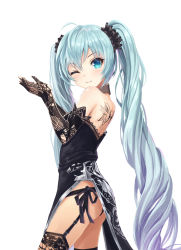 Rule 34 | 1girl, aqua eyes, aqua hair, ass, bad id, bad pixiv id, black gloves, black thighhighs, butterfly tattoo, closed mouth, cowboy shot, dress, elbow gloves, from side, garter belt, gloves, hatsune miku, head tilt, highres, lace, lace-trimmed legwear, lace gloves, lace trim, long hair, looking at viewer, lunacle, one eye closed, pelvic curtain, scrunchie, simple background, smile, solo, strapless, strapless dress, tattoo, thighhighs, twintails, v-shaped eyebrows, vocaloid, white background