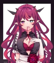 Rule 34 | 1girl, alternate costume, blouse, blush, bow, bra, breasts, cleavage, cleavage cutout, clothing cutout, demon girl, demon horns, elbow gloves, flower, framed, gloves, hair between eyes, hand on own chest, heterochromia, highres, hololive, hololive english, horns, irys (hololive), lace, lace-trimmed bra, lace trim, large breasts, long hair, looking at viewer, maid, multicolored hair, multiple horns, namiorii, open clothes, open shirt, out of frame, pointy ears, red bra, red hair, shirt, signature, simple background, solo, tight clothes, underwear, very long hair, virtual youtuber, white background, white gloves