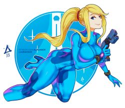 Rule 34 | 1girl, artist name, ass, aurahack, blonde hair, blue eyes, bodysuit, breasts, cropped legs, gun, high heels, large breasts, looking at viewer, metroid, metroid (creature), nintendo, parted lips, patreon username, ponytail, samus aran, silhouette, simple background, smile, solo, thick thighs, thighs, toned, watermark, weapon, web address, zero suit
