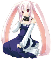 Rule 34 | 1girl, animal ears, bare shoulders, blush, bow, bowtie, dress, extra ears, hand on another&#039;s chest, hand on own chest, pink hair, pointy ears, rabbit ears, red eyes, sazaki ichiri, seiza, short hair, simple background, sitting, solo, tsurime