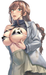 Rule 34 | 1girl, animal print, bikini, black pantyhose, black sweater, blush, braid, breasts, brown hair, coat, cow print, cowboy shot, green eyes, grey coat, grey skirt, hair between eyes, highres, kantai collection, kokuzou, large breasts, long hair, noshiro (kancolle), open clothes, open coat, open mouth, pantyhose, pleated skirt, ribbed sweater, simple background, skirt, solo, sweater, swimsuit, turtleneck, turtleneck sweater, twin braids, white background, white bikini