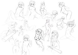 Rule 34 | 6+girls, armpits, arms up, bent over, blush, breasts, collarbone, commentary, contrapposto, downblouse, flat chest, from above, groin, highres, large breasts, looking to the side, looking up, medium breasts, midriff, monochrome, multiple girls, navel, nipples, nude, original, pussy, riftgarret, short hair, simple background, sitting, sketch, spread legs, standing, stomach, sword, wariza, weapon, white background