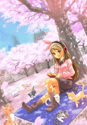 Rule 34 | 1girl, brown eyes, brown hair, cat, cherry blossoms, day, garun wattanawessako, headphones, long hair, original, outdoors, solo, too many, too many cats, tree