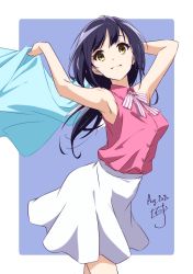Rule 34 | 1girl, arms up, black hair, closed mouth, collar, collared shirt, dated, head tilt, highres, holding, holding cloth, long hair, neck ribbon, nii manabu, original, pink shirt, ribbon, shirt, signature, simple background, skirt, sleeveless, smile, solo, striped ribbon, vest, white skirt, yellow eyes