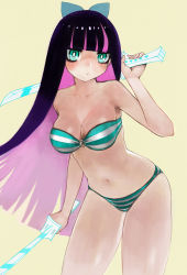 Rule 34 | 10s, 1girl, amo (silent bomb19), aqua eyes, bad id, bad pixiv id, beige background, bikini, black hair, breasts, cleavage, colored inner hair, dual wielding, highres, holding, holding sword, holding weapon, long hair, looking at viewer, multicolored hair, navel, panty &amp; stocking with garterbelt, purple hair, simple background, solo, stocking (psg), striped bikini, striped clothes, swimsuit, sword, two-tone hair, weapon, yellow background