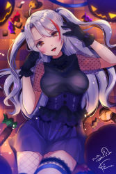Rule 34 | 1girl, :p, alternate costume, antenna hair, azur lane, black gloves, blush, breasts, bridal garter, brown eyes, candy, dress, fishnet thighhighs, fishnets, food, gloves, hair between eyes, halloween, kodama (koda mat), large breasts, long hair, looking at viewer, lying, multicolored hair, on floor, open mouth, prinz eugen (azur lane), pumpkin, red hair, signature, silver hair, smile, solo, streaked hair, thighhighs, tongue, tongue out, two side up, very long hair
