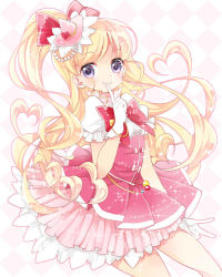 Rule 34 | 1girl, asahina mirai, ayumaru (art of life), blonde hair, bow, cowboy shot, cure miracle, finger to mouth, frills, gloves, hair bow, half updo, hat, looking at viewer, magical girl, mahou girls precure!, mini hat, mini witch hat, pink hat, pink skirt, ponytail, precure, purple eyes, red bow, skirt, smile, solo, sparkle, white background, white gloves, witch hat