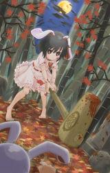 Rule 34 | 2girls, animal ears, bamboo, bamboo forest, barefoot, black hair, blood, bright pupils, rabbit ears, death, dying message, feet, female focus, forest, hammer, highres, inaba tewi, kingin, leaf, moon, multiple girls, nature, night, purple hair, red eyes, reisen udongein inaba, short hair, toes, touhou, translated, violence, white pupils, yandere