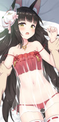 Rule 34 | 1boy, 1girl, animal ears, azur lane, bed sheet, bikini, black hair, blunt bangs, blush, breasts, collarbone, fox ears, fox mask, fox tail, from above, gluteal fold, hetero, highres, holding another&#039;s wrist, jewelry, long hair, looking at viewer, lying, mask, mask on head, nagato (azur lane), nagato (great fox&#039;s respite) (azur lane), navel, necklace, on back, open mouth, pov, red bikini, ribbon-trimmed legwear, ribbon trim, see-through, small breasts, solo focus, stomach, strap slip, swimsuit, tail, tassel, tears, thighhighs, very long hair, white thighhighs, yamasan, yellow eyes