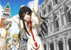 Rule 34 | 00s, 3girls, :d, akira ferrari, alicia florence, arch, aria (manga), arm up, athena glory, black hair, blue sky, brown eyes, building, cloud, day, high collar, kyoko hk, looking at viewer, multiple girls, open mouth, outdoors, pantyhose, sky, smile, tower, uniform, venice