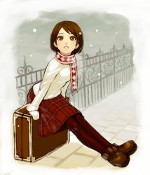 Rule 34 | brown eyes, brown hair, k+, mittens, pantyhose, scarf, snow, solo, suitcase, sweater, thighhighs, white mittens
