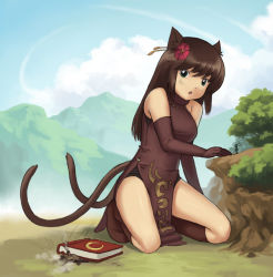 Rule 34 | 1boy, 1girl, :o, accident, animal ears, ankle boots, bare shoulders, blush, book, boots, brown hair, cat ears, cat tail, cliff, cloud, crushing, day, dust, elbow gloves, flower, giant, giantess, gloves, green eyes, hair flower, hair ornament, house, knee boots, kneeling, long hair, mountain, multiple tails, original, oversized object, pogojo, size difference, sky, smoke, sweatdrop, sword, tail, tree, weapon