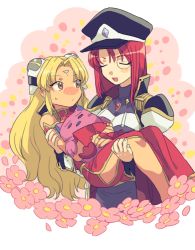 Rule 34 | 2girls, blonde hair, blush, brown eyes, carrying, china dress, chinese clothes, closed eyes, dress, flower, forte stollen, galaxy angel, hakinikui kutsu no mise, hat, long hair, military hat, monocle, multiple girls, open mouth, princess carry, ranpha franboise, red hair, short hair, sidelocks, smile, stuffed toy, sweatdrop, yuri