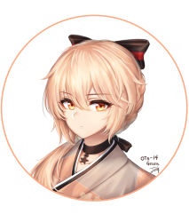 Rule 34 | 1girl, absurdres, baek hyang, black bow, black ribbon, blonde hair, blush, bow, braid, breasts, character name, choker, closed mouth, collarbone, floral print, girls&#039; frontline, hair bow, highres, japanese clothes, kimono, long hair, looking at viewer, low ponytail, official alternate costume, orange kimono, ots-14 (flurry of petals) (girls&#039; frontline), ots-14 (girls&#039; frontline), ribbon, sidelocks, signature, simple background, solo, star (symbol), star choker, very long hair, white background, yellow eyes