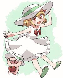 Rule 34 | 1girl, :d, alternate costume, blonde hair, bow, bowtie, dress, food, full body, green background, green footwear, green ribbon, hair ribbon, hand on headwear, hat, hat ribbon, holding, holding food, looking at viewer, open mouth, pig, red bow, red eyes, red neckwear, red ribbon, ribbon, rokugou daisuke, rumia, sandals, short hair, sleeveless, sleeveless dress, smile, tomato, touhou, touhou cannonball, white dress, white headwear
