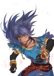 Rule 34 | 1boy, absurdres, blue hair, closed mouth, clothing cutout, dark-skinned male, dark blue hair, dark skin, earrings, elbow gloves, fate/grand order, fate (series), fighting stance, gloves, greco-roman clothes, highres, huge filesize, jewelry, long hair, male focus, necklace, onasu (sawagani), red eyes, roman clothes, romulus quirinus (fate), short sleeves, side cutout, simple background, solo, upper body, very long hair, wind, wind lift