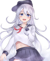 Rule 34 | 10s, 1girl, :d, bare legs, blue eyes, clothes lift, commentary request, flat cap, hair between eyes, hand on own chest, hat, hibiki (kancolle), highres, kantai collection, long hair, looking at viewer, midriff, miniskirt, navel, neckerchief, neit ni sei, open mouth, sailor hat, school uniform, serafuku, shirt lift, sideways hat, silver hair, skirt, smile, solo, tears, wind, wind lift