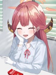 1girl :d ^_^ absurdres aru_(blue_archive) blue_archive blush brown_hair center-flap_bangs closed_eyes collared_shirt commentary_request demon_girl demon_horns eyelashes facing_viewer gloves hair_on_horn halo hand_on_own_cheek hand_on_own_face haori happy head_rest highres horns indoors japanese_clothes long_hair long_sleeves lower_teeth_only lumoon neck_ribbon open_mouth pink_halo red_ribbon ribbon shirt smile solo straight_hair teeth upper_body white_gloves white_shirt window_shadow window_shutter