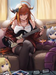 Rule 34 | 1girl, absurdres, ahoge, amane kanata, bare shoulders, black thighhighs, blonde hair, blush, bow, breasts, cable, camisole, character doll, cleavage, collarbone, commentary, couch, crossed legs, day, diagonal-striped bow, dragon girl, dragon horns, dragon tail, electric guitar, feet out of frame, fender stratocaster, frilled camisole, frills, guitar, hair between eyes, heart stickers, highres, holding, holding instrument, holding plectrum, hololive, horn bow, horn ornament, horns, indoors, instrument, jacket, jewelry, kiryu coco, kiryu coco (loungewear), kiryu kazuma, ko-ma, large breasts, long hair, long sleeves, multicolored eyes, multicolored hair, off shoulder, official alternate costume, on couch, open clothes, open jacket, open mouth, orange hair, partially unzipped, pendant, photo (object), plectrum, pointy ears, purple eyes, red eyes, red jacket, ryuu ga gotoku (series), see-through, sidelocks, sitting, solo, spaghetti strap, streaked hair, striped, striped bow, symbol-only commentary, tail, thighhighs, track jacket, tsunomaki watame, unworn eyewear, virtual youtuber, white camisole
