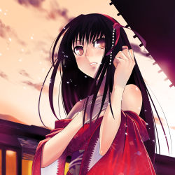 Rule 34 | 00s, 1girl, absurdres, bare shoulders, blurry, brown eyes, brown hair, depth of field, from below, highres, japanese clothes, kimono, long hair, morii shizuki, outdoors, sky, solo, tohno akiha, tsukihime
