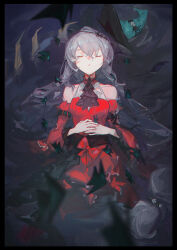 Rule 34 | 1girl, afloat, arknights, bare shoulders, black border, border, bow, breasts, closed eyes, detached sleeves, dress, grey hair, hat, unworn hat, unworn headwear, highres, long hair, mie lu, own hands together, parted lips, partially submerged, red bow, red dress, skadi (arknights), skadi the corrupting heart (arknights), sleeveless, sleeveless dress, small breasts, solo, water, witch hat