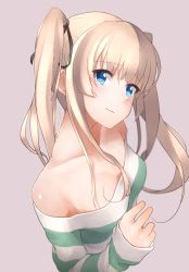 Rule 34 | 1girl, bare shoulders, blonde hair, blue eyes, blush, breasts, brown ribbon, closed mouth, collarbone, from above, from side, hair ribbon, hechi (hechi322), long hair, ribbon, saenai heroine no sodatekata, sawamura spencer eriri, shirt, sleeves past wrists, small breasts, solo, striped clothes, striped shirt, twintails, upper body, wavy mouth